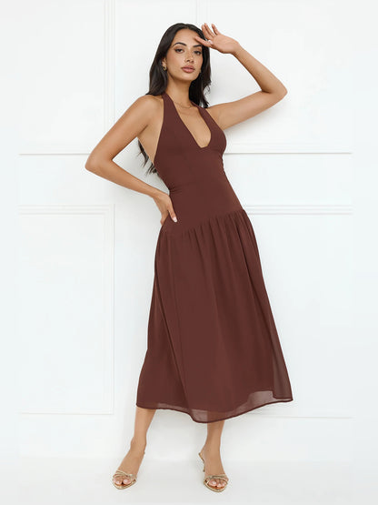 Brown midi formal dress with halter neckline, full-length front view
