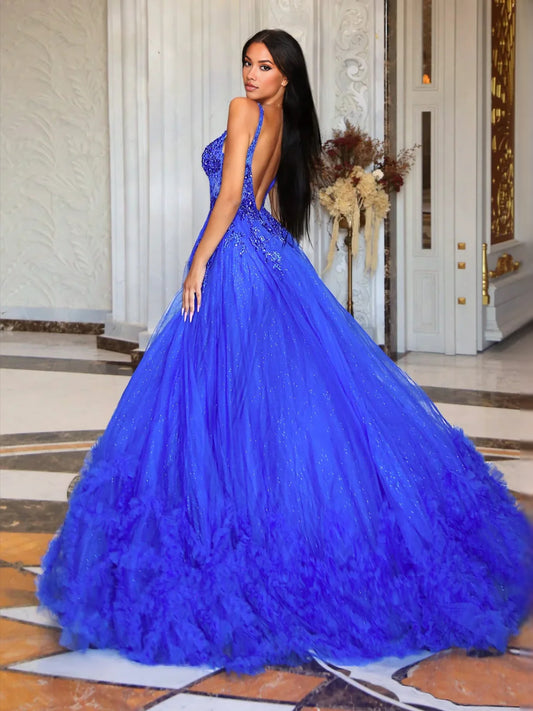 Royal Blue floor-length prom dress, front view showing the ball-gown silhouette