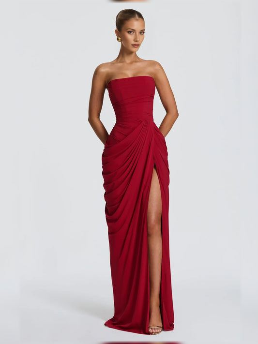 Burgundy a-line floor-length formal dress with off-the-shoulder neckline, full-length front view