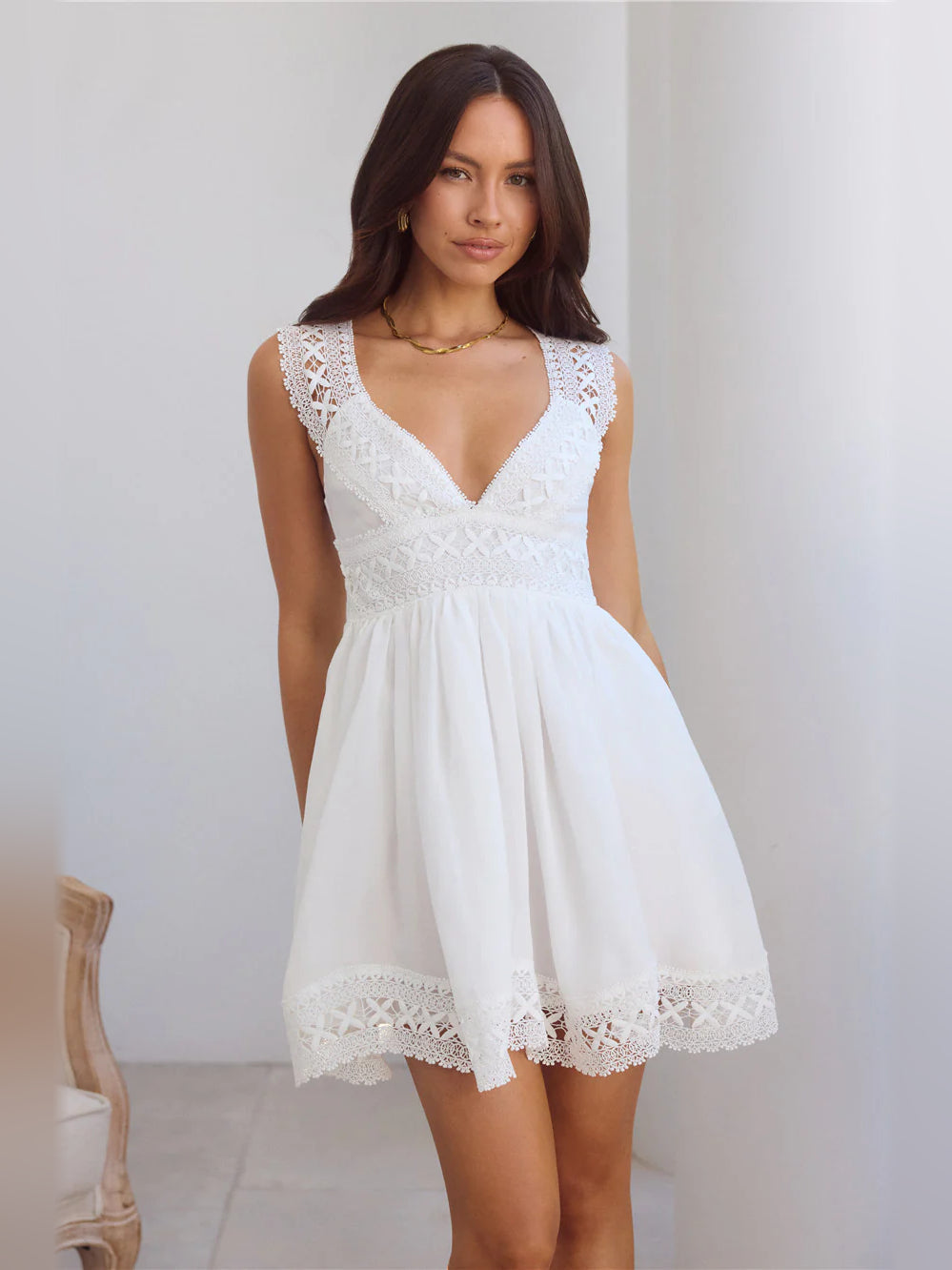 White mini homecoming dress, front view showing the silhouette