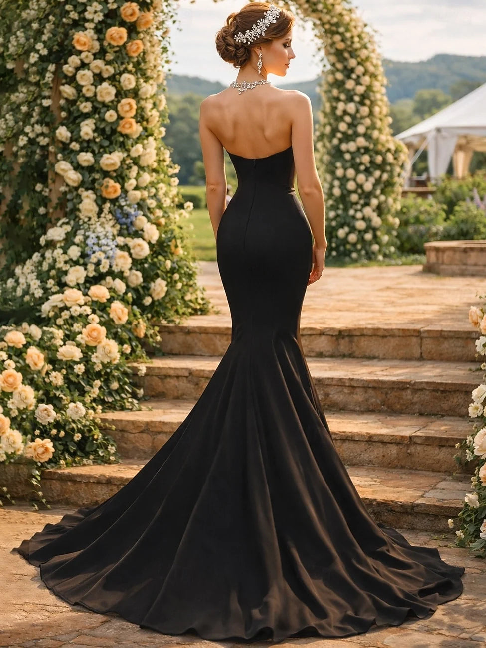 Black maxi prom dress, front view showing the mermaid silhouette