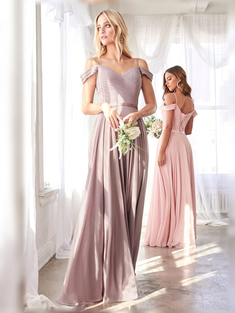 Mauve floor-length bridesmaid dress, front view showing the a-line silhouette