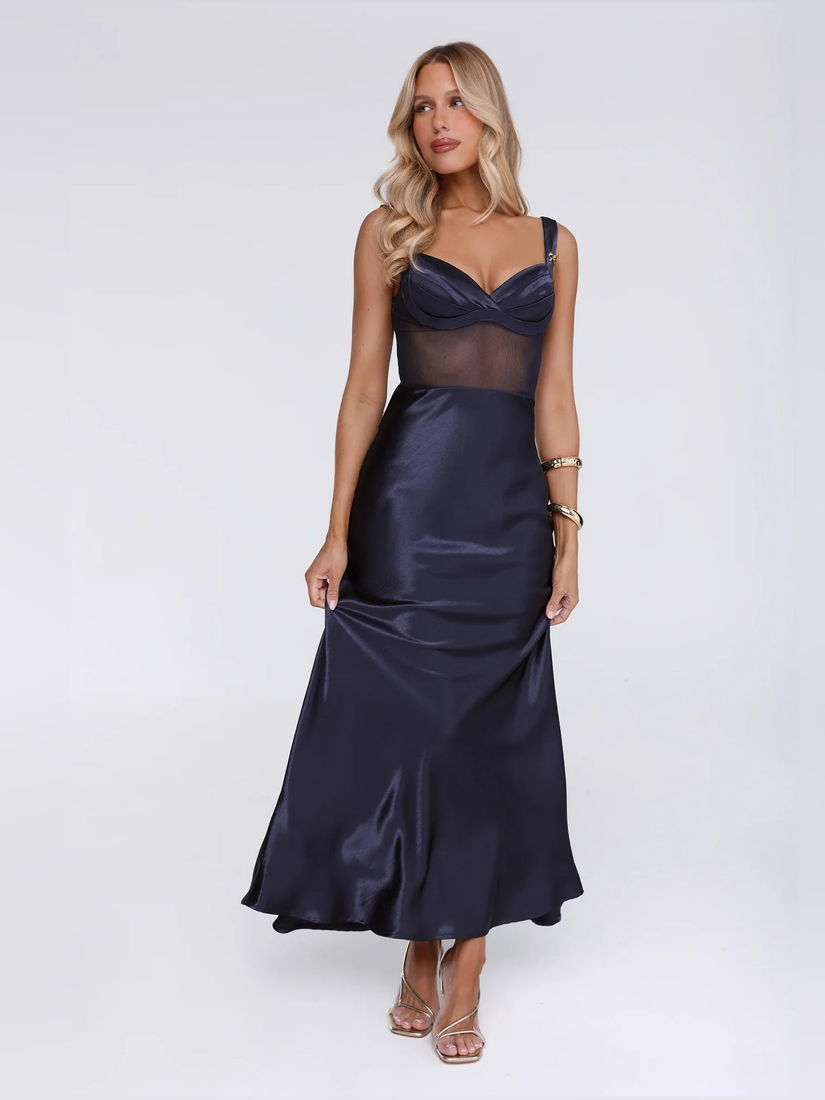 Dark Navy maxi prom dress, front view showing the mermaid silhouette