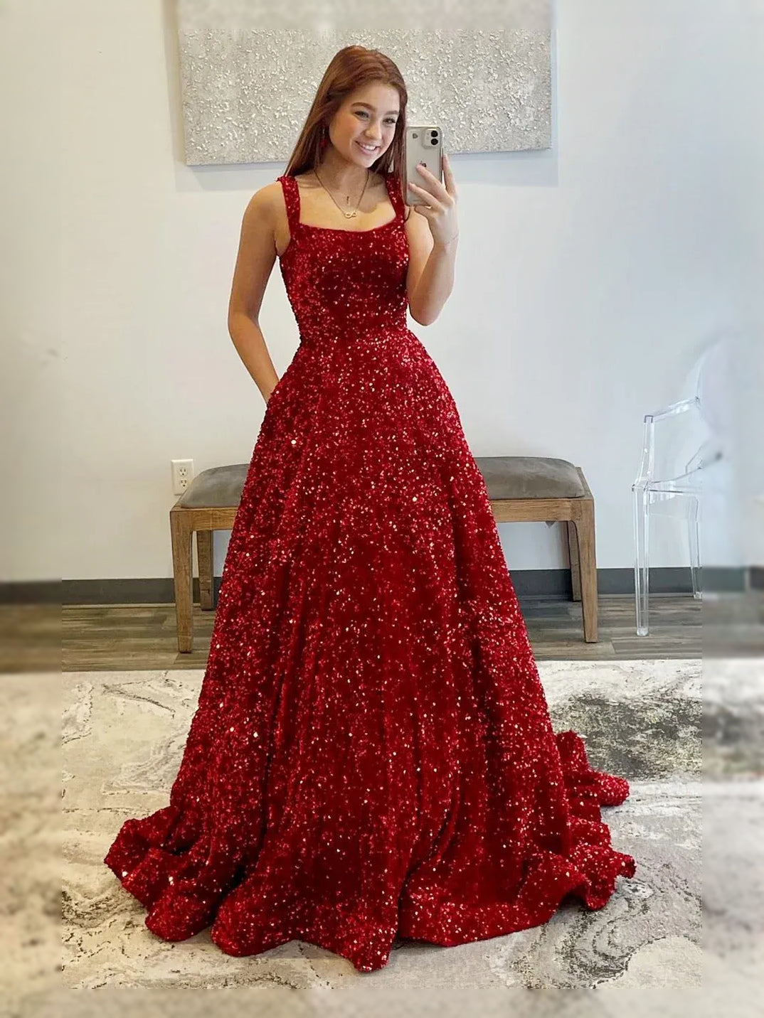 Red maxi prom dress, front view showing the a-line silhouette