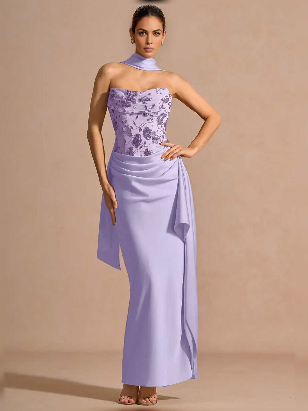 Lilac mermaid floor-length formal dress with strapless neckline, full-length front view