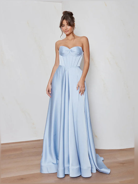 Light Blue a-line floor-length formal dress with sweetheart neckline, full-length front view