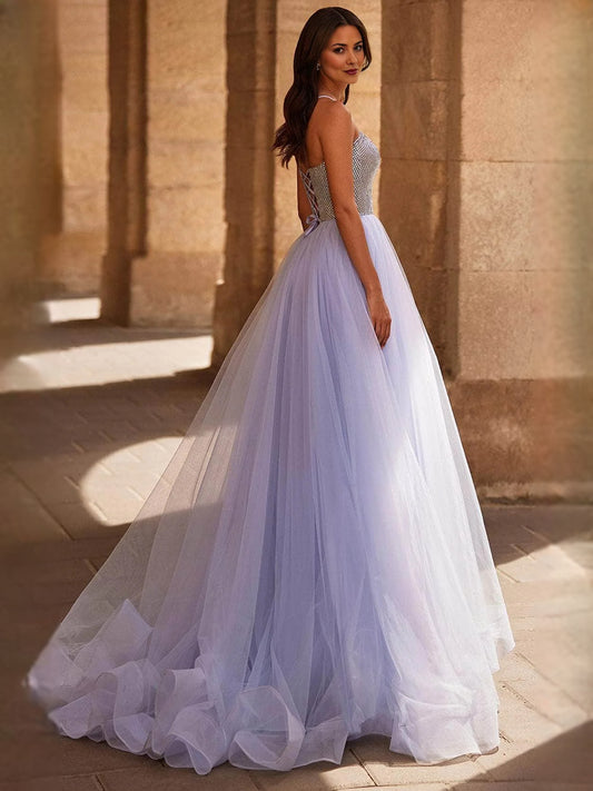 Lavender floor-length prom dress, front view showing the a-line silhouette
