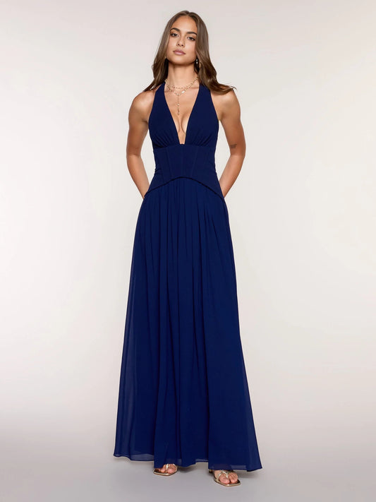 Navy floor-length prom dress, front view showing the a-line silhouette