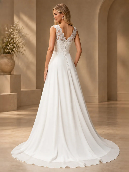 White floor-length wedding dress, front view showing the a-line silhouette