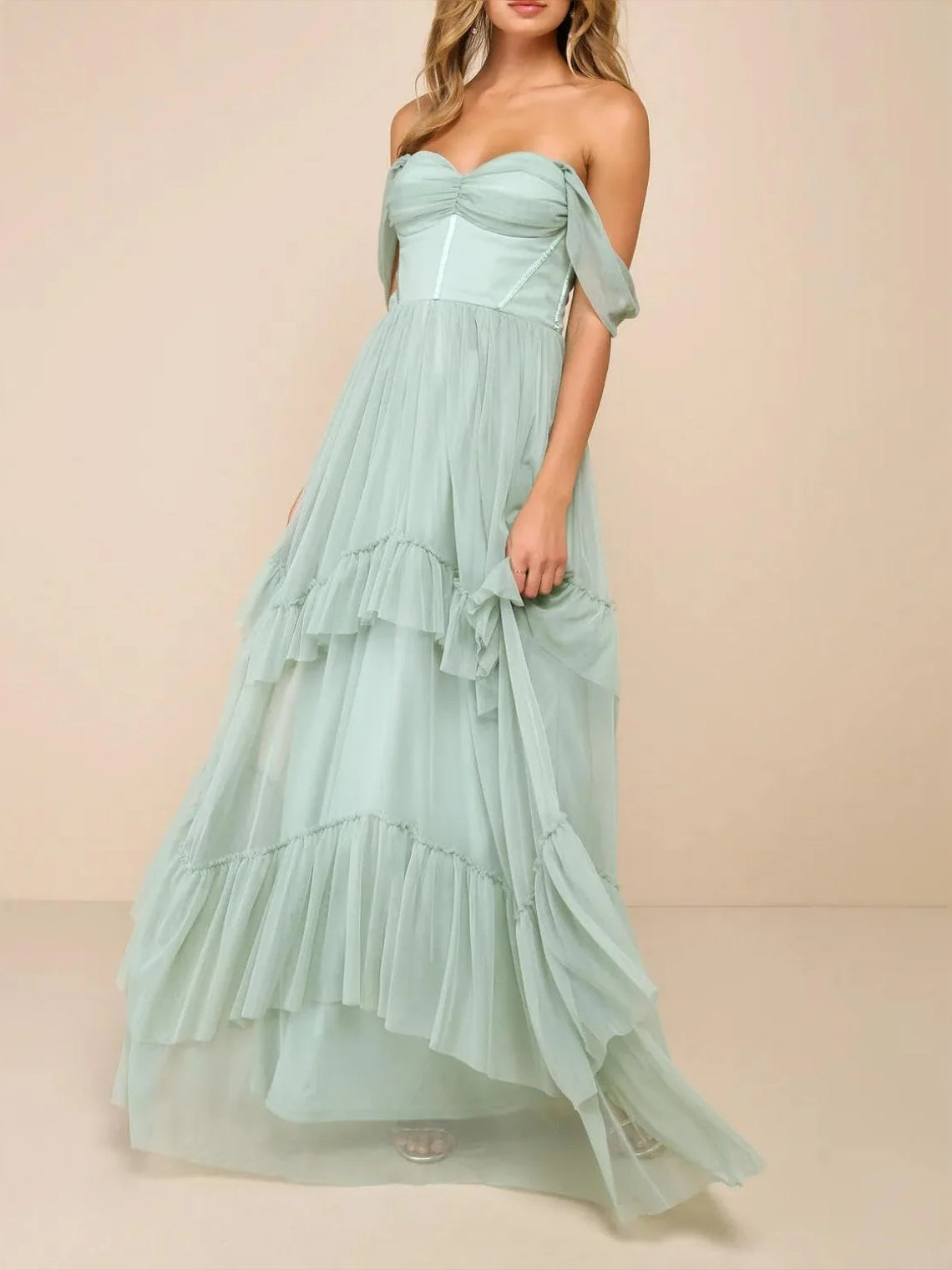 Mint Green floor-length bridesmaid dress, front view showing the a-line silhouette