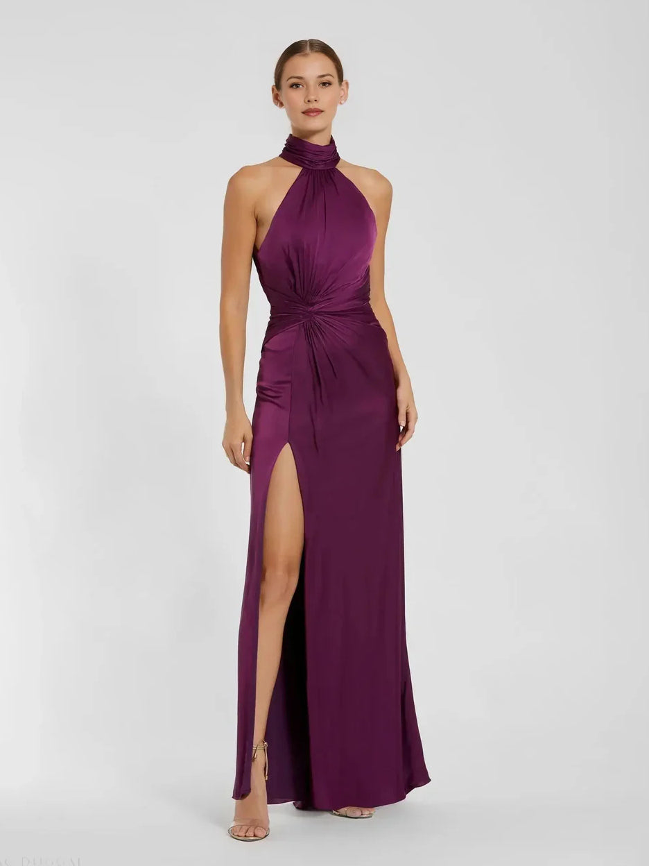 Plum floor-length prom dress, front view showing the sheath silhouette