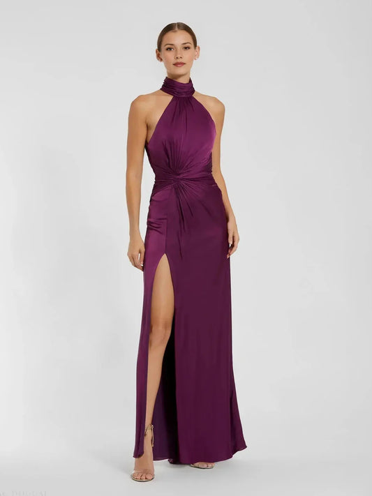 Plum floor-length prom dress, front view showing the sheath silhouette