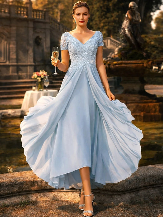 Light Blue high-low mother of the bride dress, front view showing the a-line silhouette