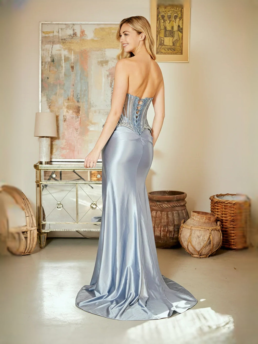 Dusty Blue maxi prom dress, front view showing the mermaid silhouette