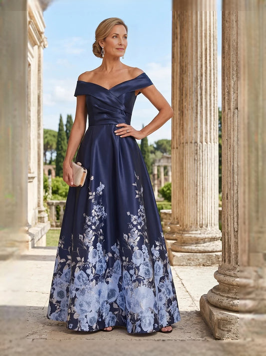 Navy Blue floor-length mother of the bride dress, front view showing the a-line silhouette