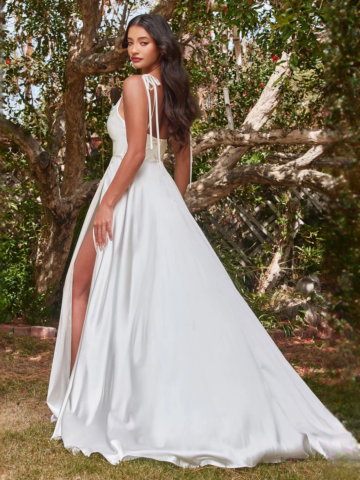 Ivory floor-length wedding dress, front view showing the a-line silhouette