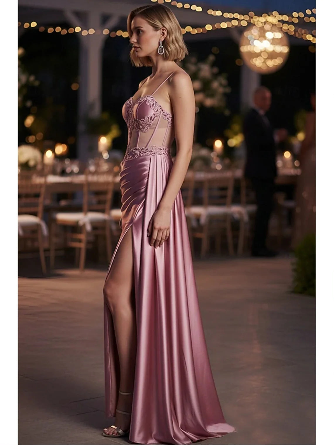 Rose Gold floor-length prom dress, front view showing the sheath silhouette