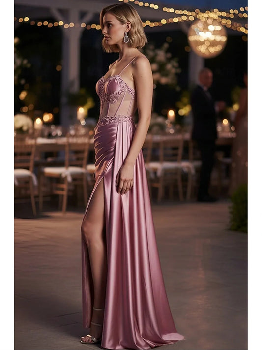 Rose Gold floor-length prom dress, front view showing the sheath silhouette