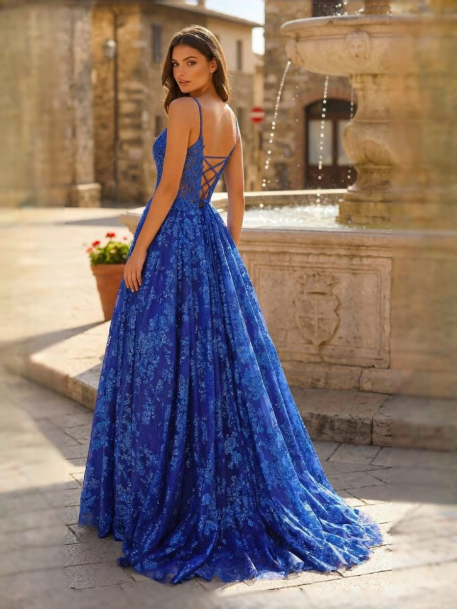 Royal Blue floor-length prom dress, front view showing the a-line silhouette