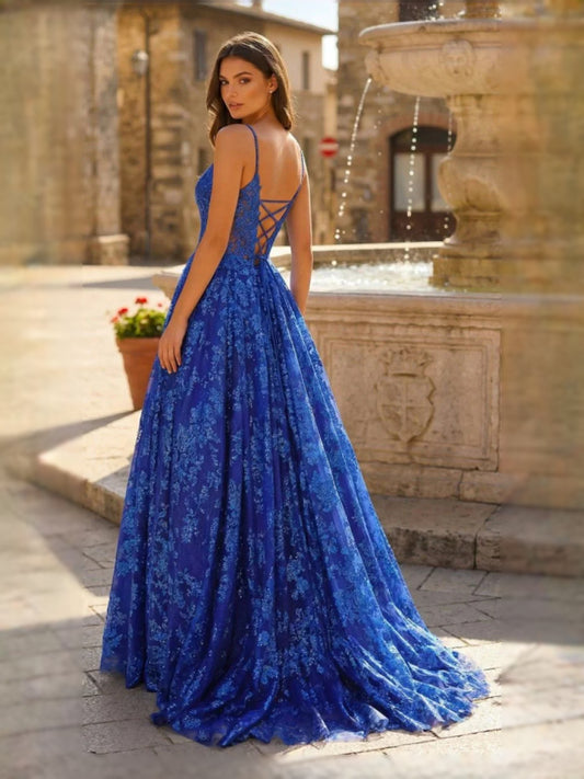 Royal Blue floor-length prom dress, front view showing the a-line silhouette
