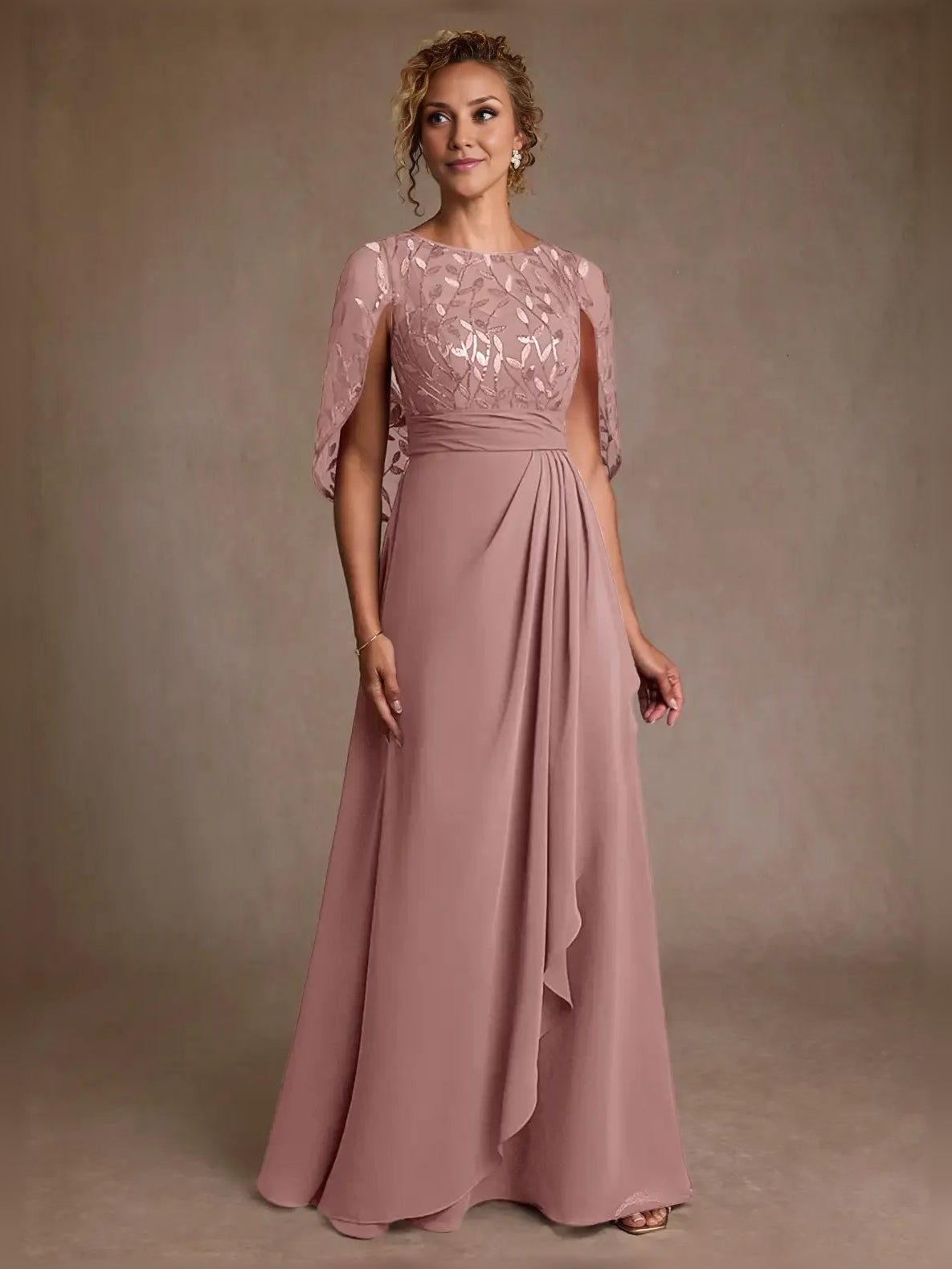 Dusty Rose maxi mother of the bride dress, front view showing the a-line silhouette