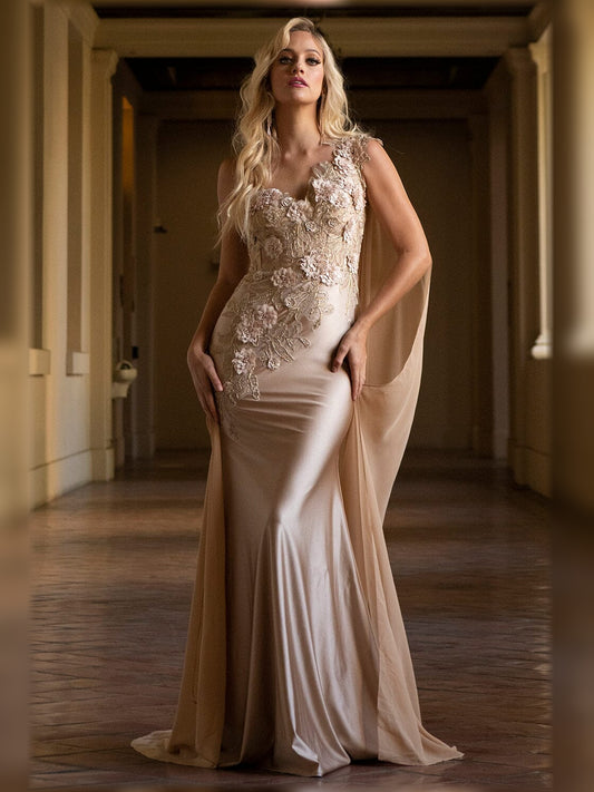 Champagne mermaid floor-length formal dress with one-shoulder neckline, full-length front view