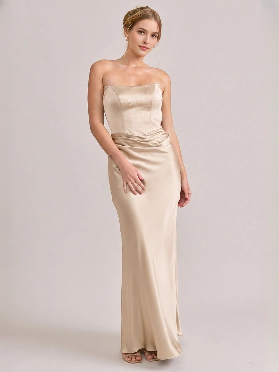 Champagne maxi bridesmaid dress, front view showing the mermaid silhouette