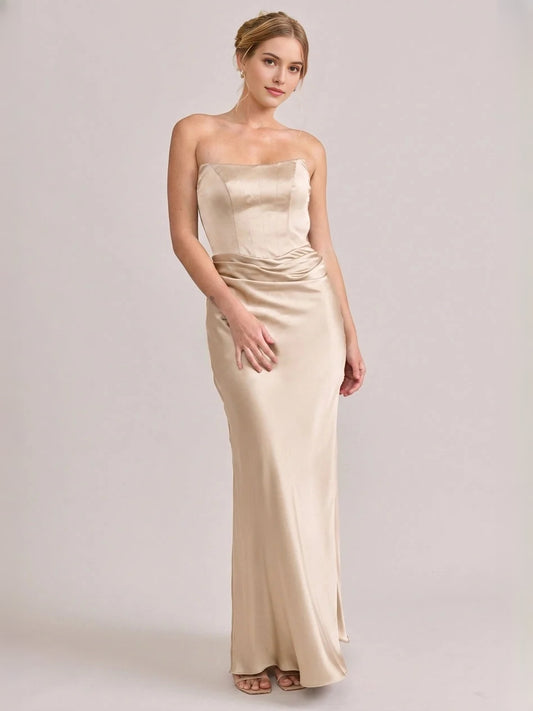 Champagne maxi bridesmaid dress, front view showing the mermaid silhouette