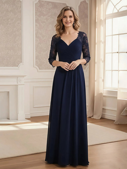 Dark Navy a-line floor-length formal dress with V-neckline, full-length front view