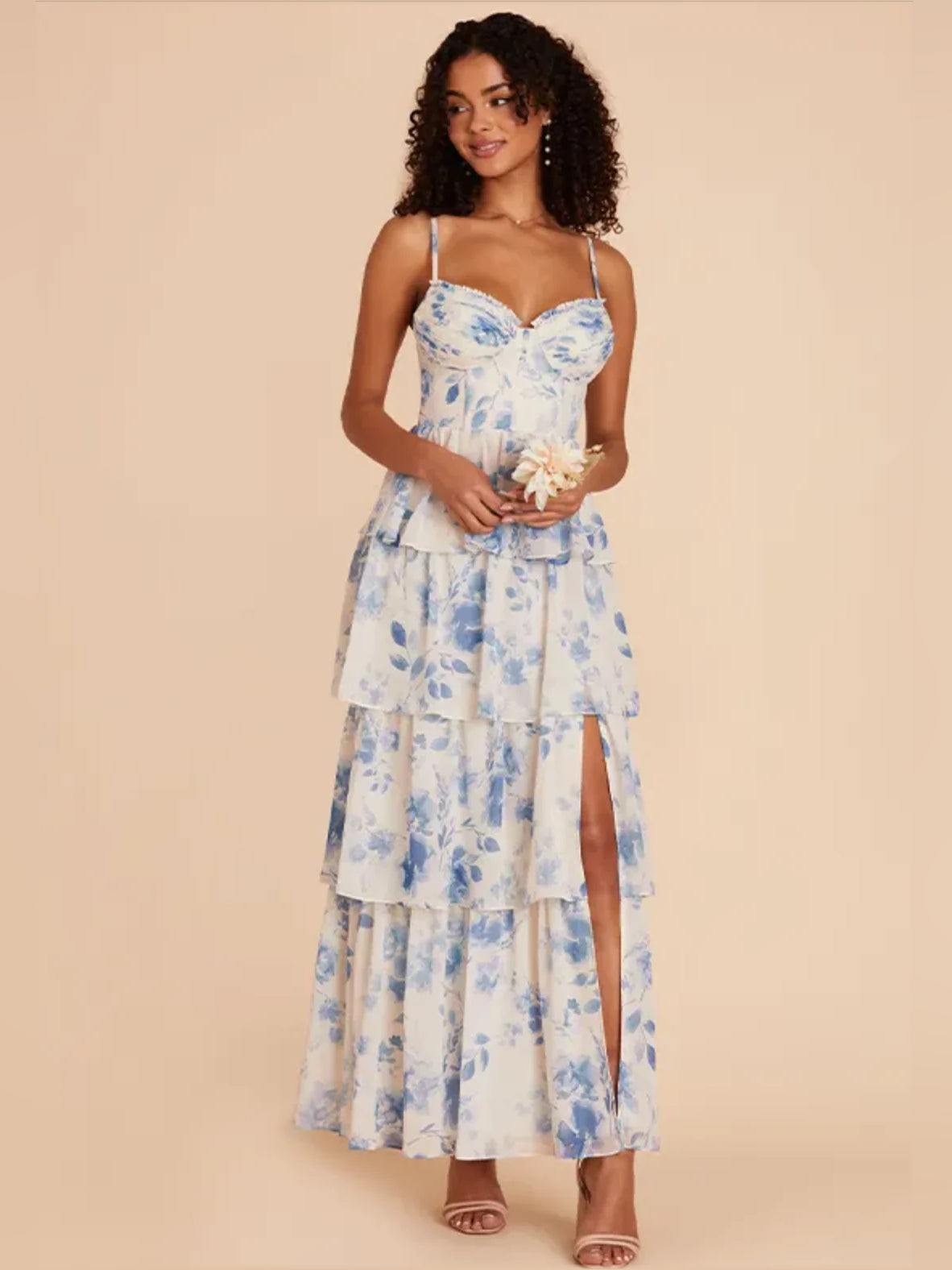 Blue maxi prom dress, front view showing the a-line silhouette