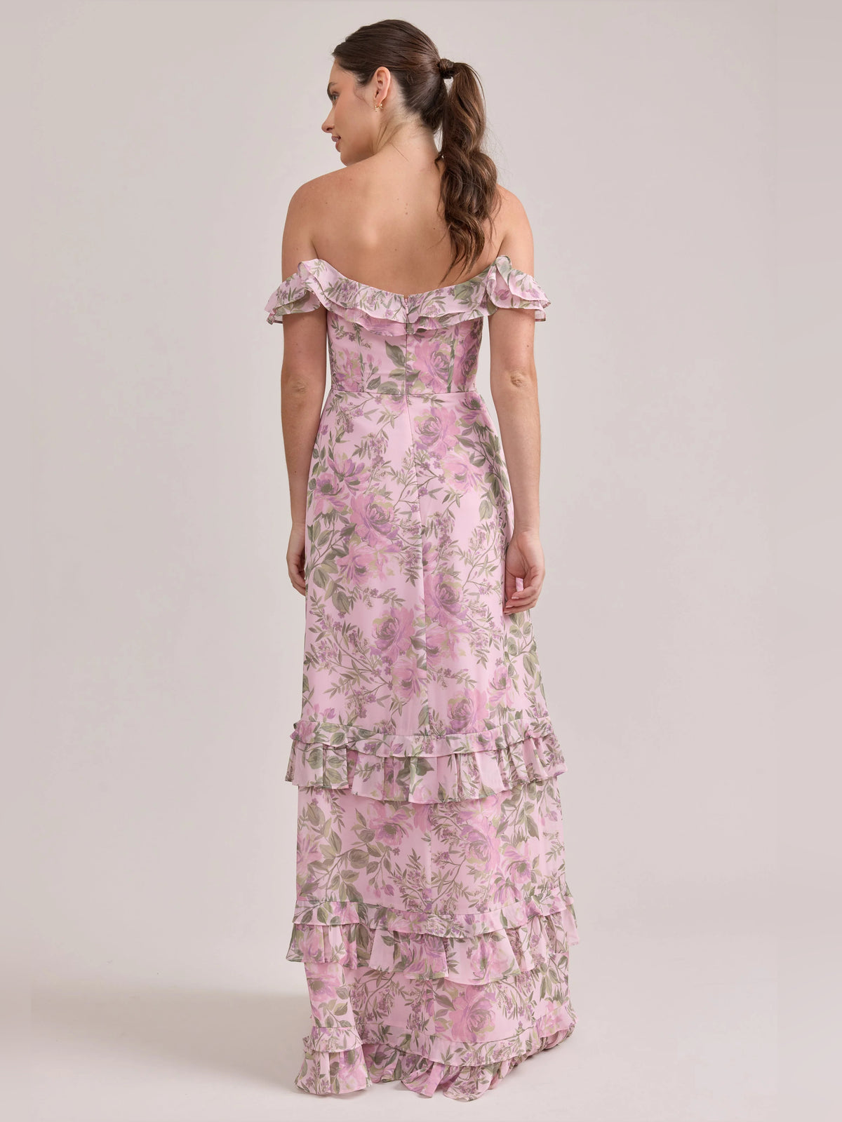 Pink Flower maxi prom dress, front view showing the a-line silhouette