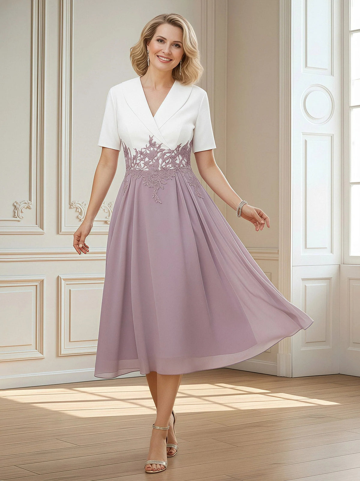 Dusk short mother of the bride dress, front view showing the a-line silhouette