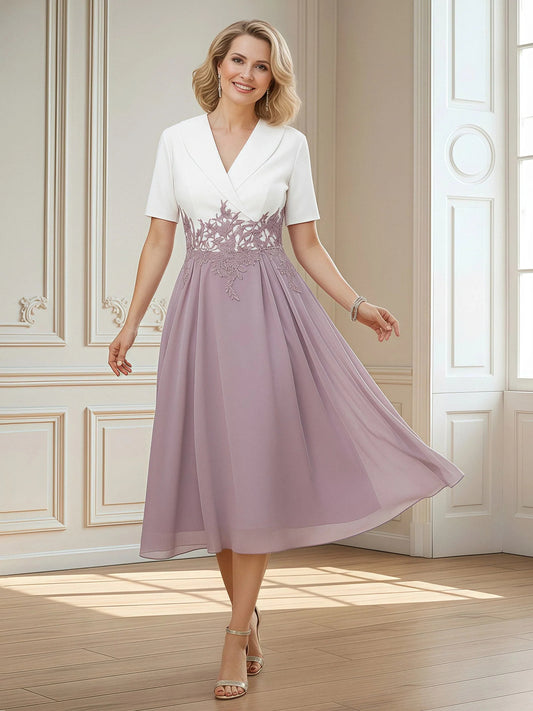 Dusk short mother of the bride dress, front view showing the a-line silhouette