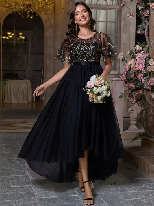 Slate Blue maxi prom dress, front view showing the a-line silhouette