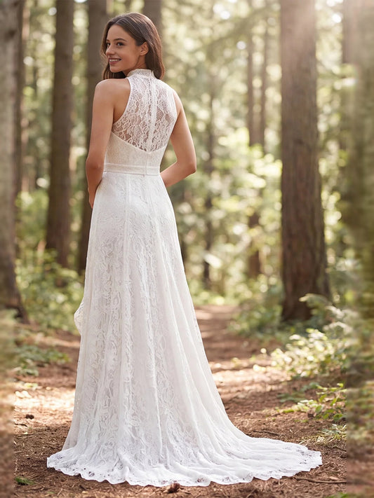 Ivory floor-length wedding dress, front view showing the a-line silhouette