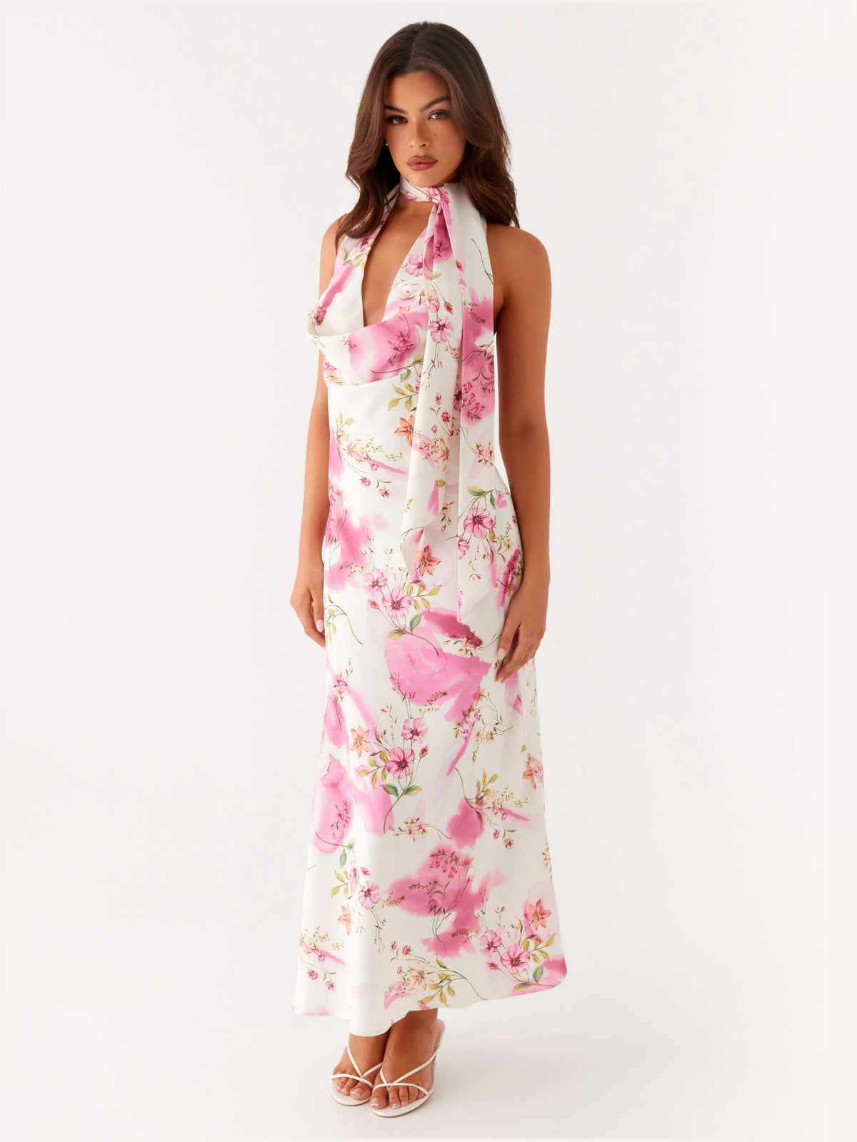 Ivory Floral midi formal dress with floral print, full-length front view
