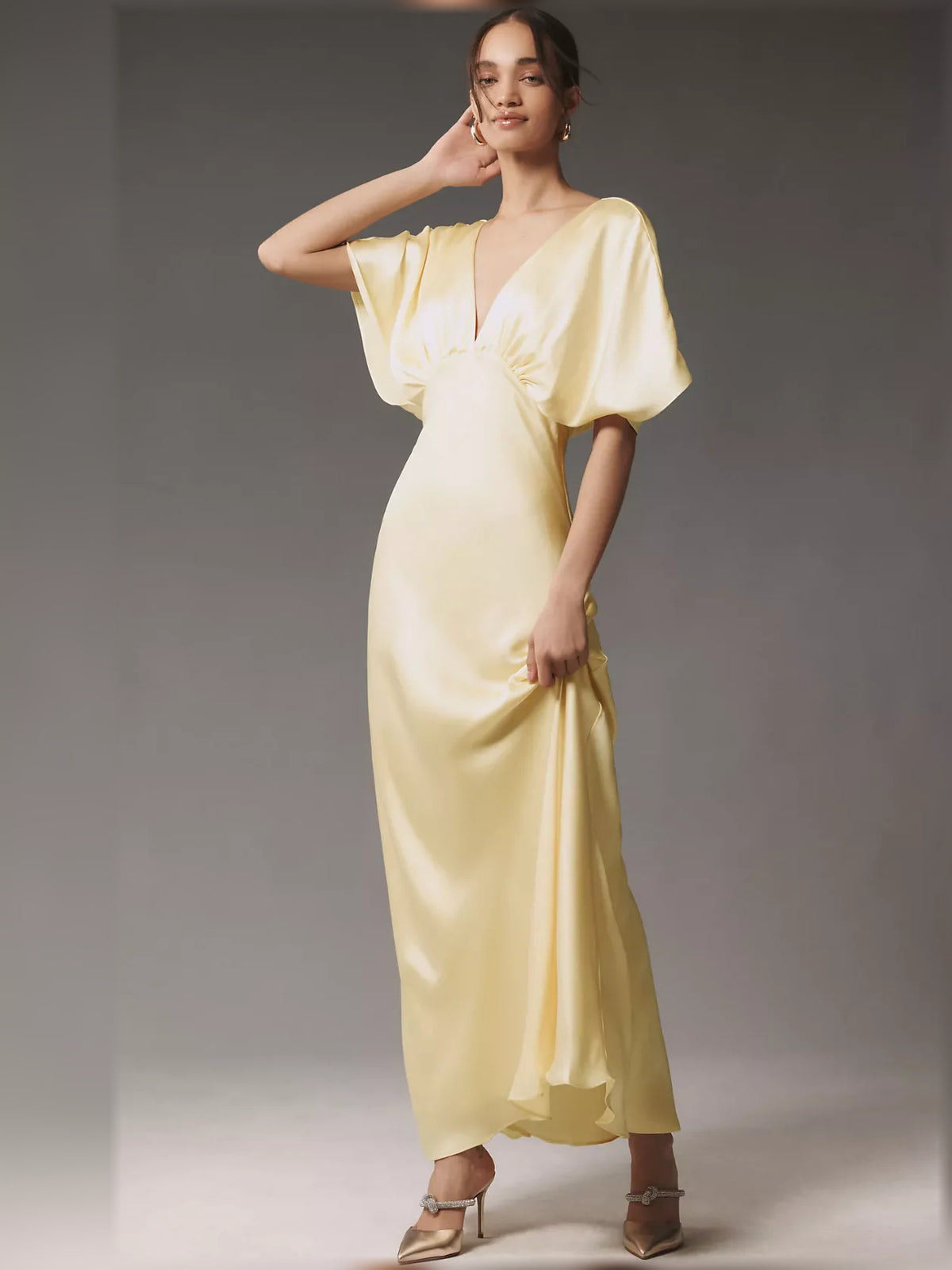 Pale Lemon maxi bridesmaid dress, front view showing the column silhouette