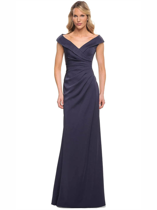 Stormy sheath floor-length formal dress with off-the-shoulder neckline, full-length front view