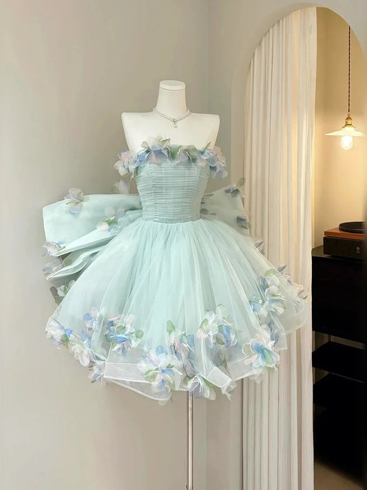 Ice Blue mini homecoming dress, alternate view showing the full-length silhouette