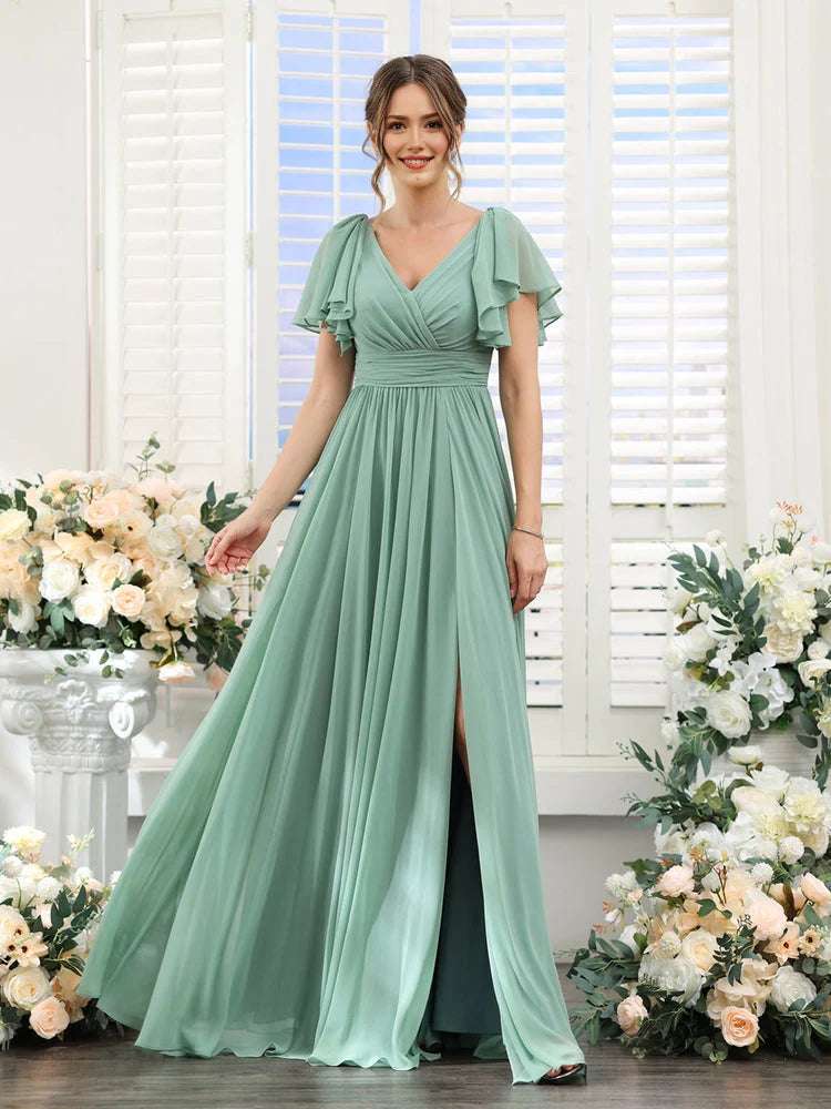Dusty Sage maxi bridesmaid dress, front view showing the a-line silhouette