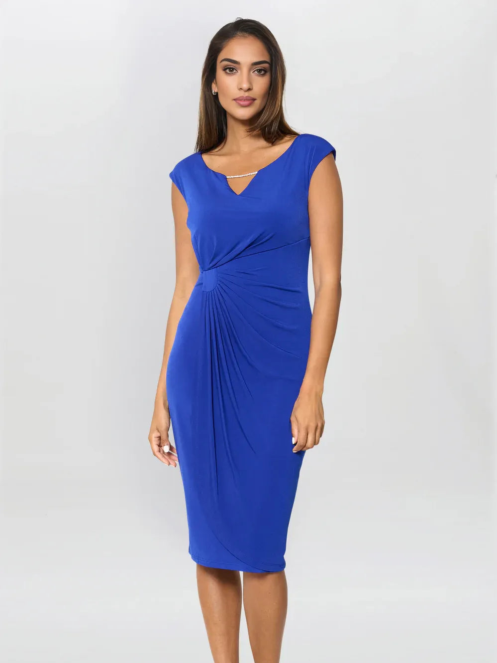 Cobalt Blue knee-length mother of the bride dress, front view showing the sheath silhouette