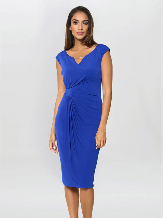 Cobalt Blue knee-length mother of the bride dress, front view showing the sheath silhouette