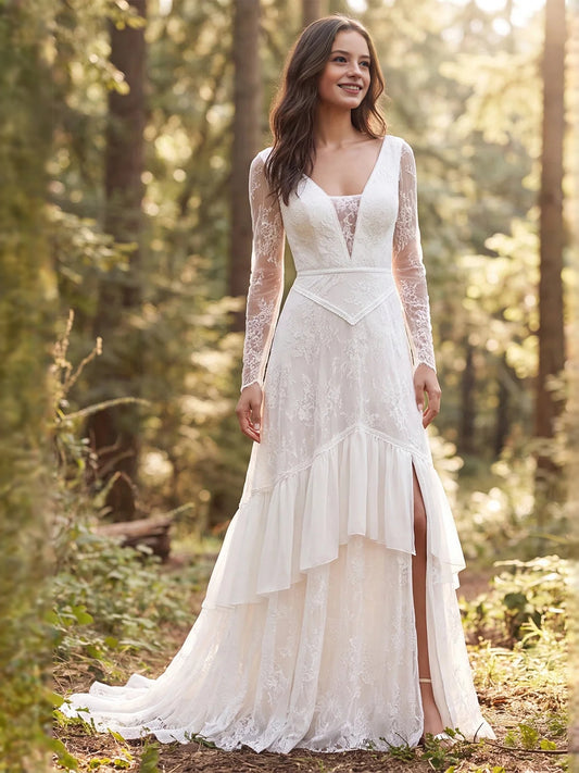 Ivory floor-length wedding dress, front view showing the a-line silhouette