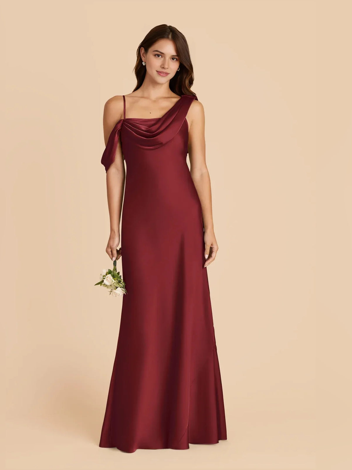 Crimson Red maxi bridesmaid dress, front view showing the a-line silhouette