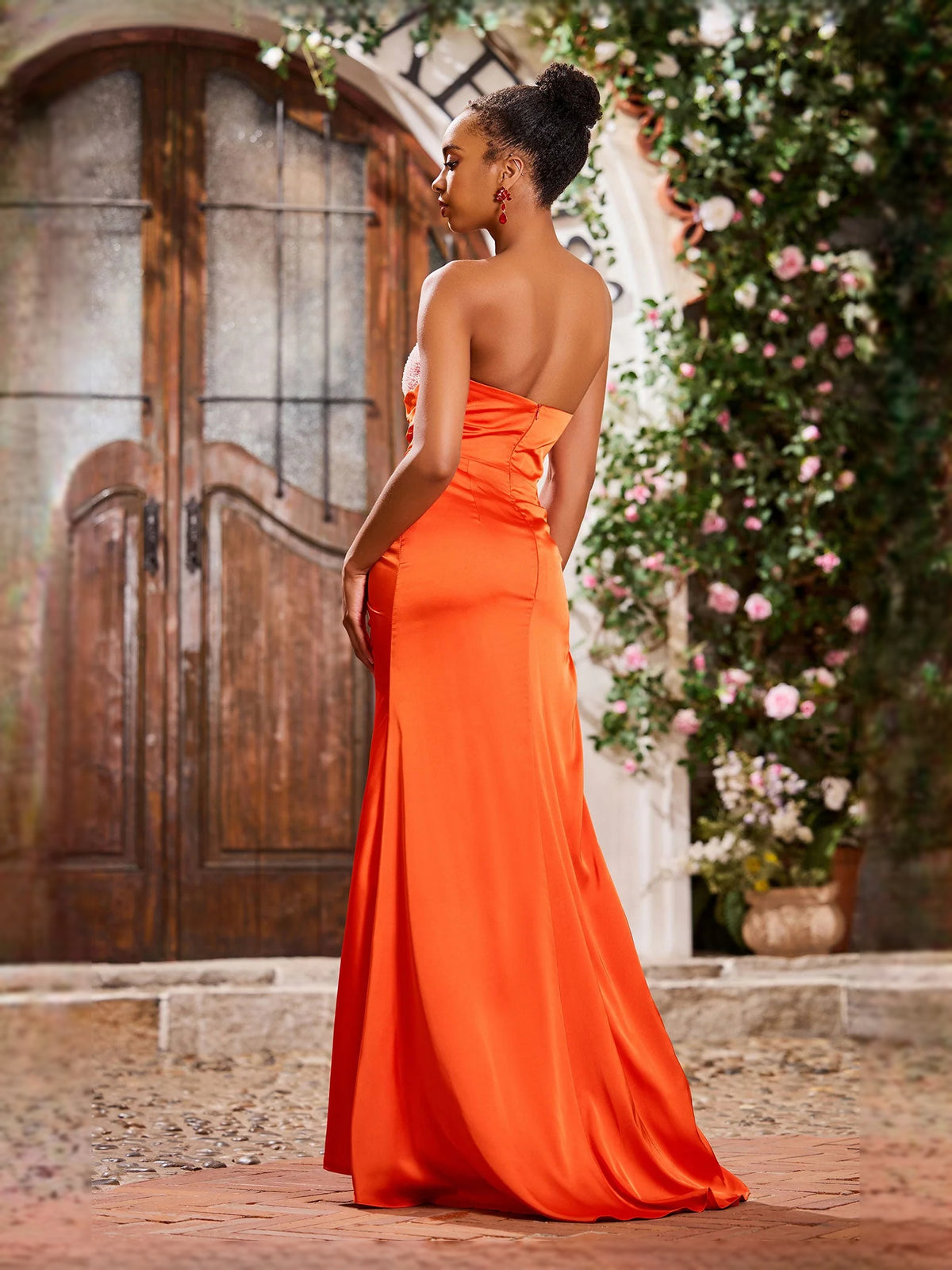 Burnt Orange maxi prom dress, front view showing the mermaid silhouette