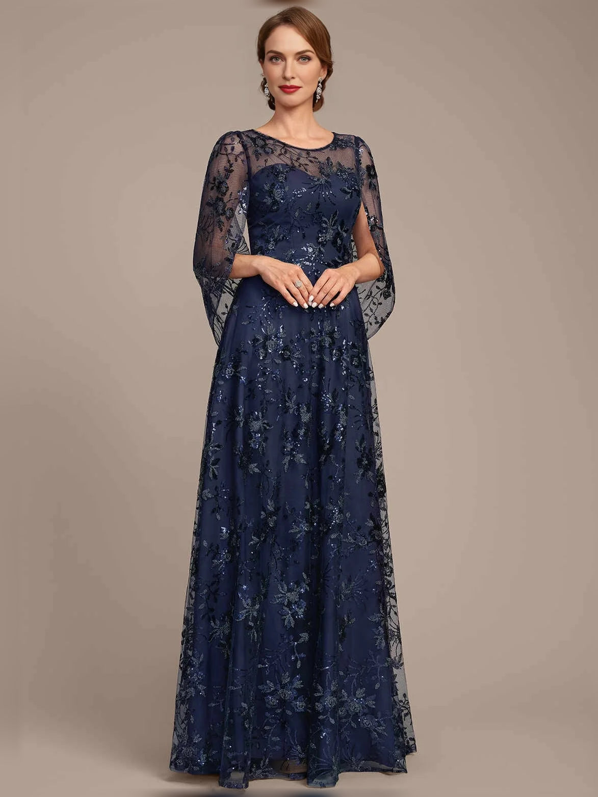 Dark Blue maxi mother of the bride dress, front view showing the a-line silhouette