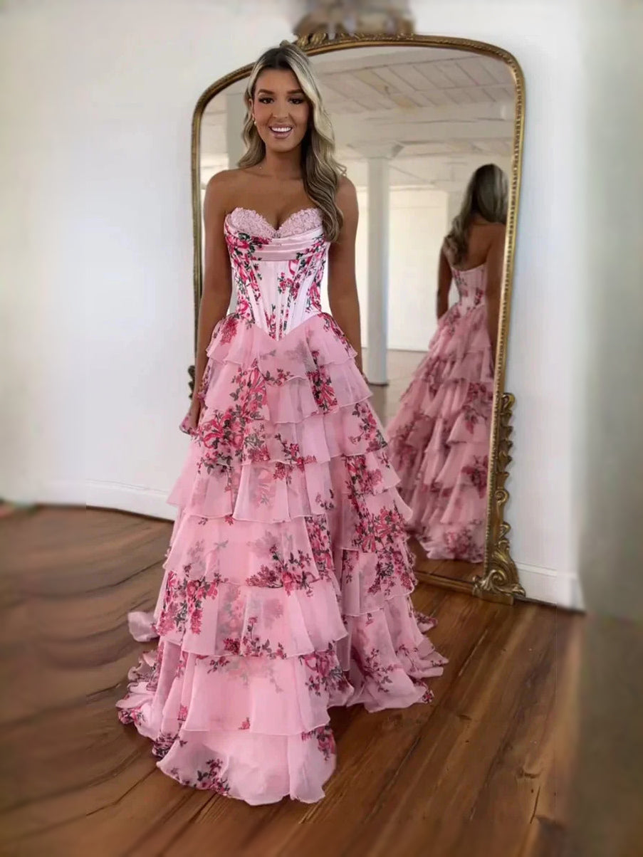 Pink maxi prom dress, front view showing the a-line silhouette