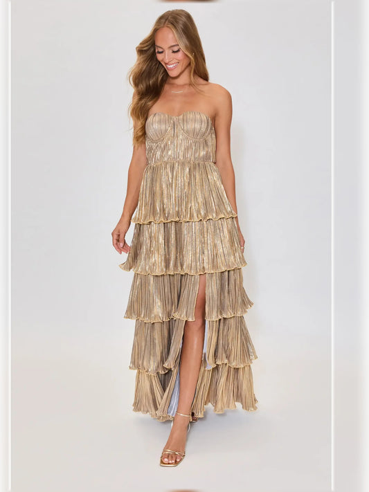 Gold a-line floor-length formal dress with strapless neckline, full-length front view