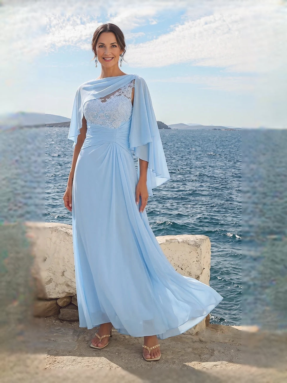Sky Blue floor-length mother of the bride dress, front view showing the a-line silhouette