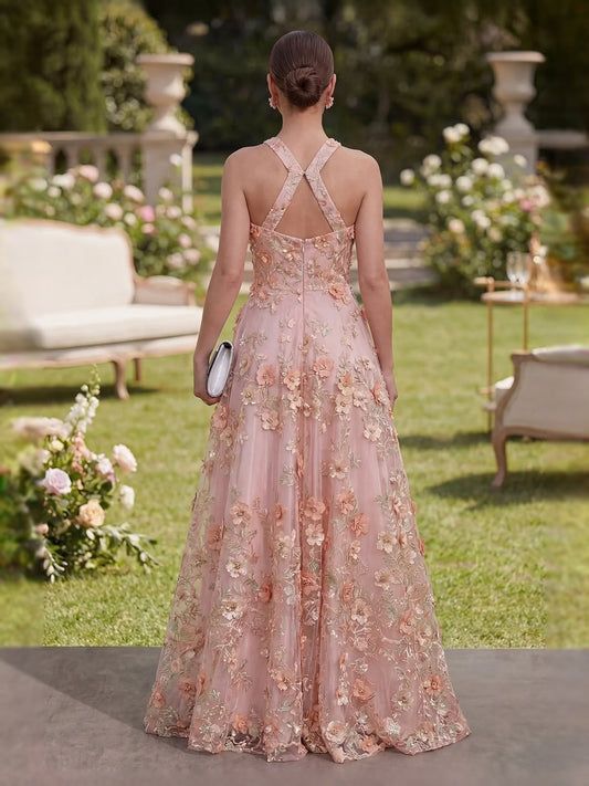 Dusty Pink floor-length prom dress, front view showing the a-line silhouette